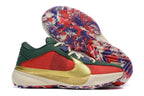 Red and dark green basketball shoes with a gold Swoosh and a multicolor patterned outsole.