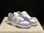 Front three-quarter view of the pair with lavender overlays, white uppers, and contrasting soles.