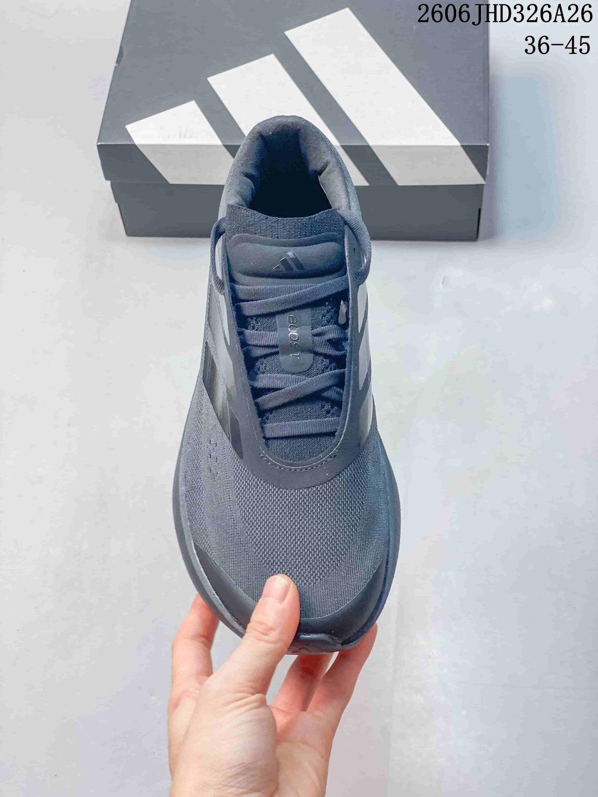 Top view of the charcoal running shoe showing its laces and textured upper