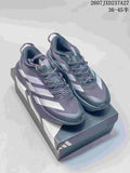 Pair of dark gray Adidas Adizero Pro Evo SL ATR sneakers displayed on a shoebox, with silver accents and the JXD237A27 style code visible above.