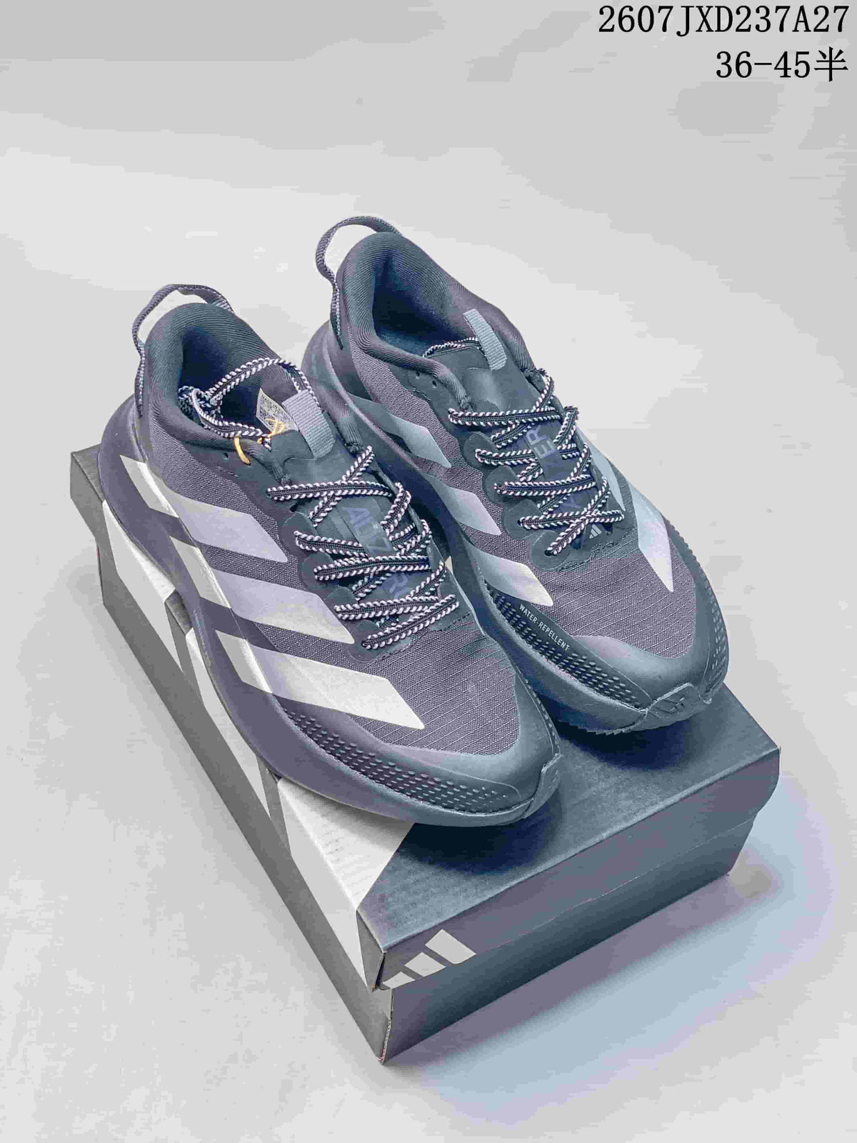 Pair of dark gray Adidas Adizero Pro Evo SL ATR sneakers displayed on a shoebox, with silver accents and the JXD237A27 style code visible above.