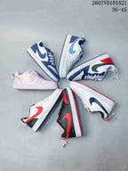 Several Nike Court Borough BG sneakers arranged together in pink, blue, red, black and white colorways; overlay shows sizes 36-45.