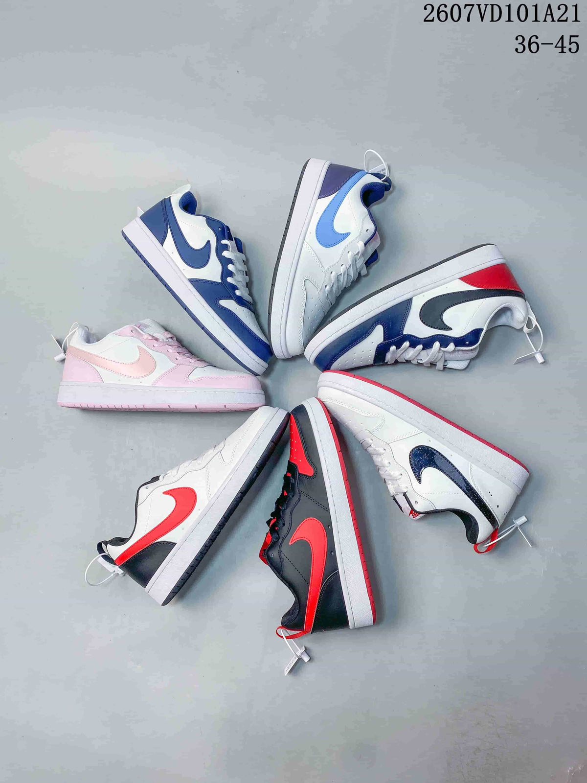 Several Nike Court Borough BG sneakers arranged together in pink, blue, red, black and white colorways; overlay shows sizes 36-45.