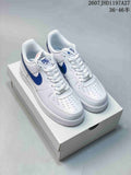 Pair of white and blue Nike Air Force 1 '07 low-top sneakers displayed on a shoebox; image text shows style code 2607JHD1197A27 and size range 36–46.5.