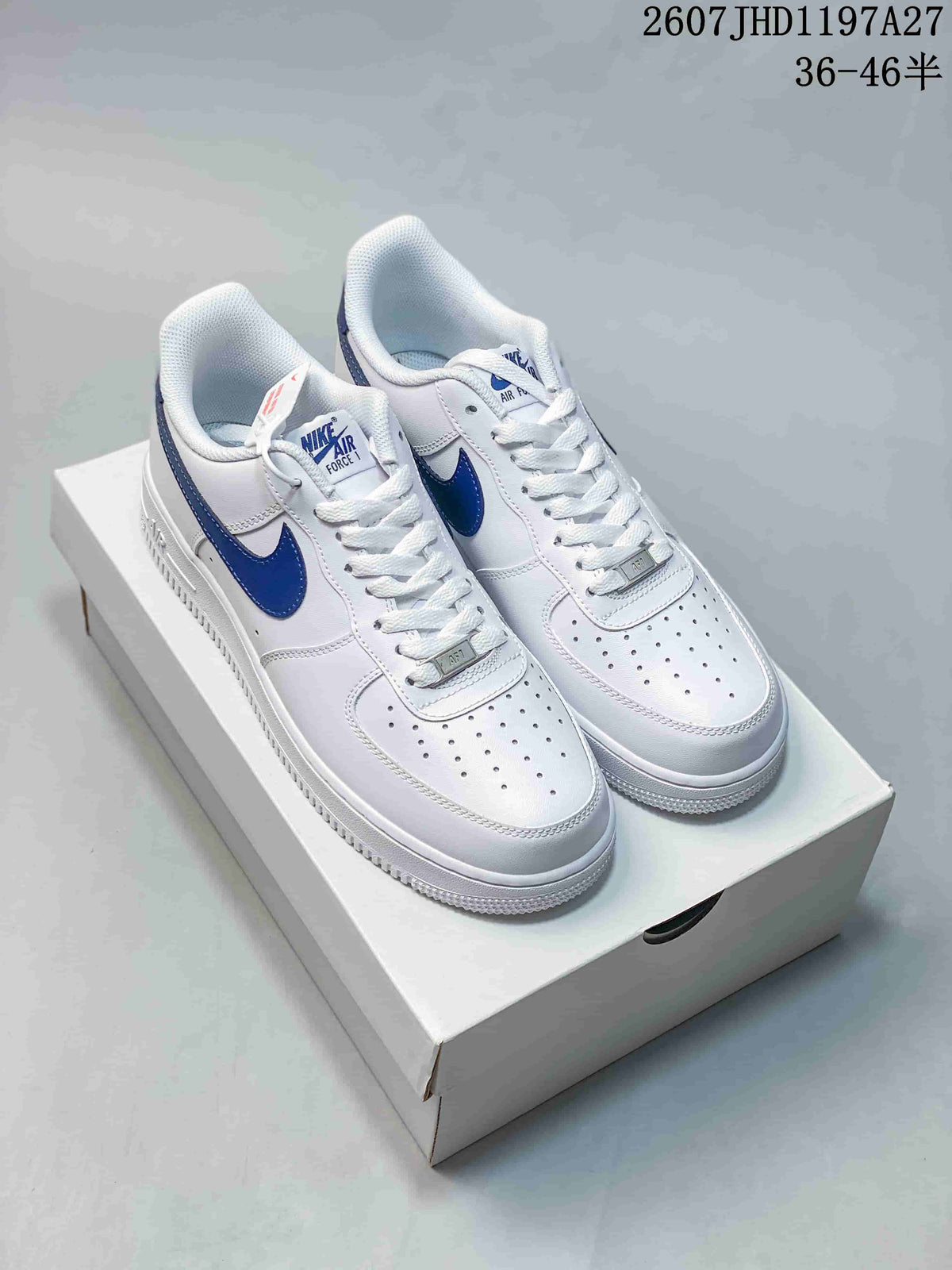 Pair of white and blue Nike Air Force 1 '07 low-top sneakers displayed on a shoebox; image text shows style code 2607JHD1197A27 and size range 36–46.5.