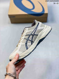 Side view of gray ASICS Gel-Contend 4 sneakers showing the mesh upper, dark blue side branding, sculpted midsole, and treaded outsole; image text shows style code 2507JGD320A08 and size range 36-45.
