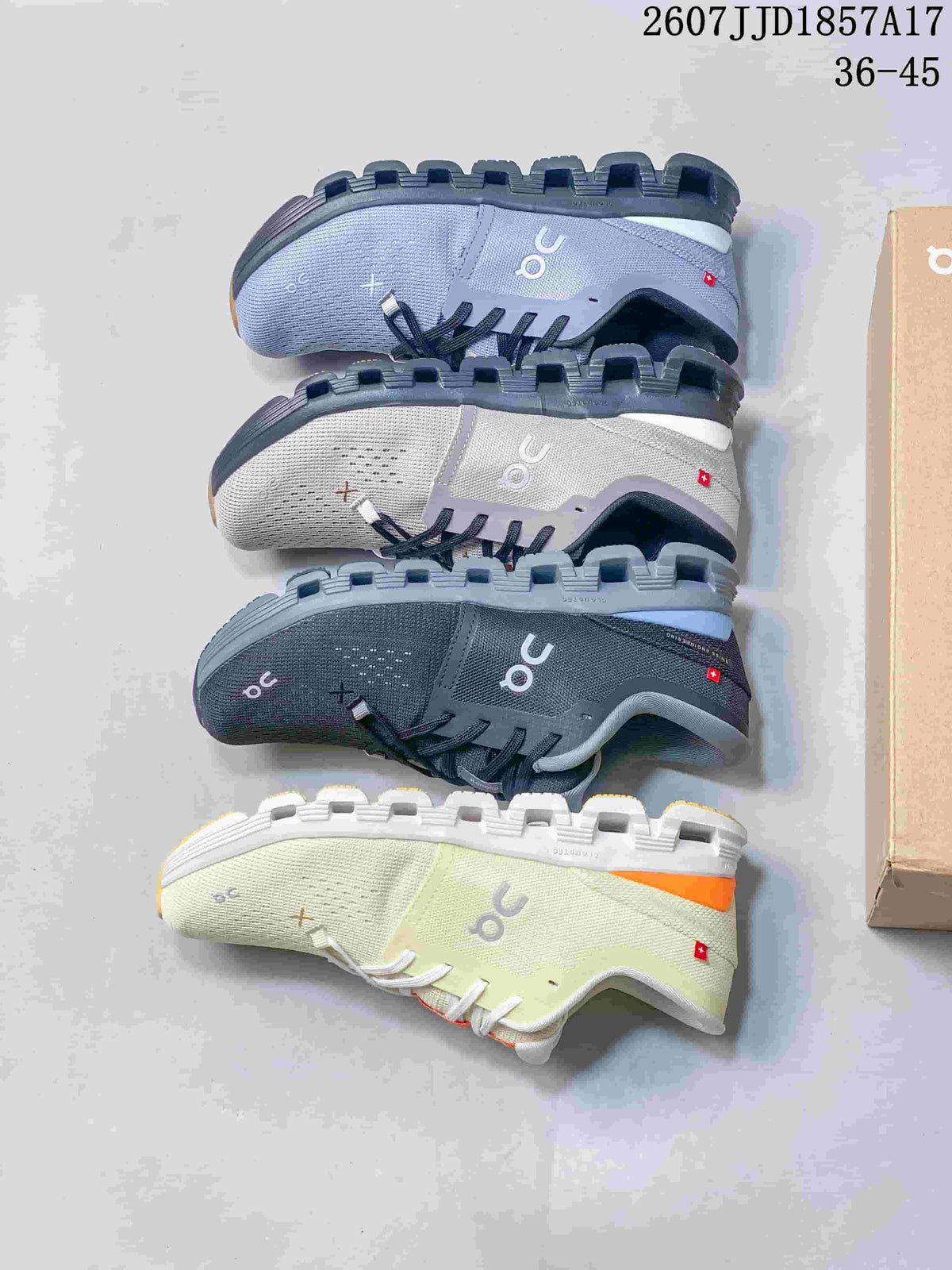Four On Cloud X 4 color options arranged side by side, including blue-gray, gray, black, and light green.