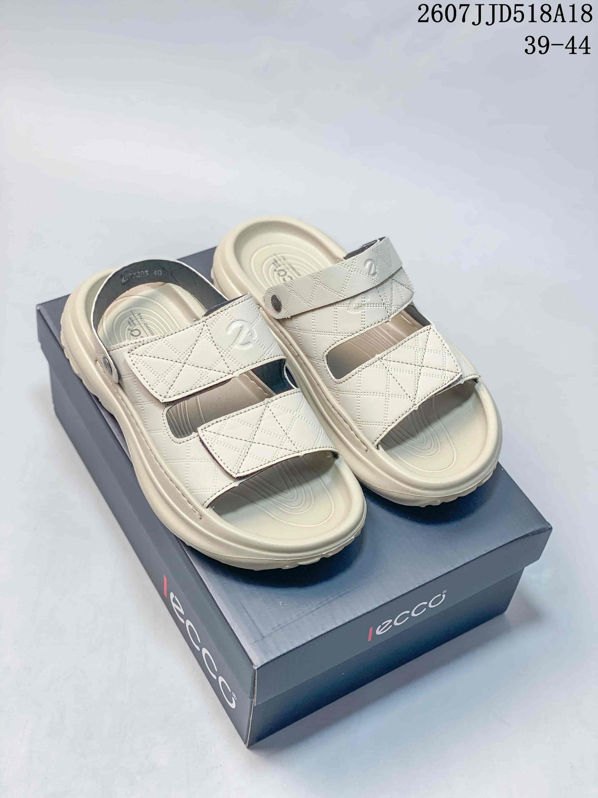 Cream ECCO two-strap sandals displayed on a branded box; image text shows style code 2607JJD518A18 and size range 39–44.