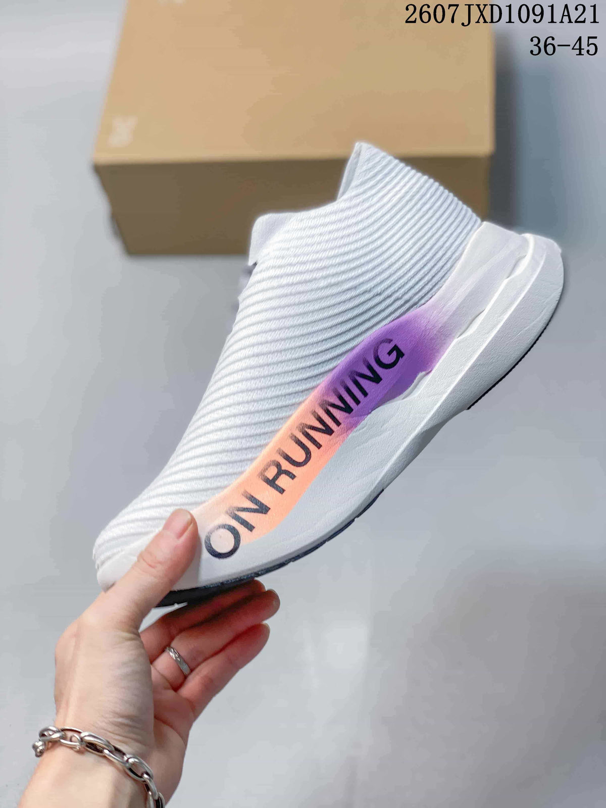 Side profile of the white slip-on shoe showing purple and peach side accents and ON RUNNING text; image text shows 2607JXD1091A21 and 36–45.