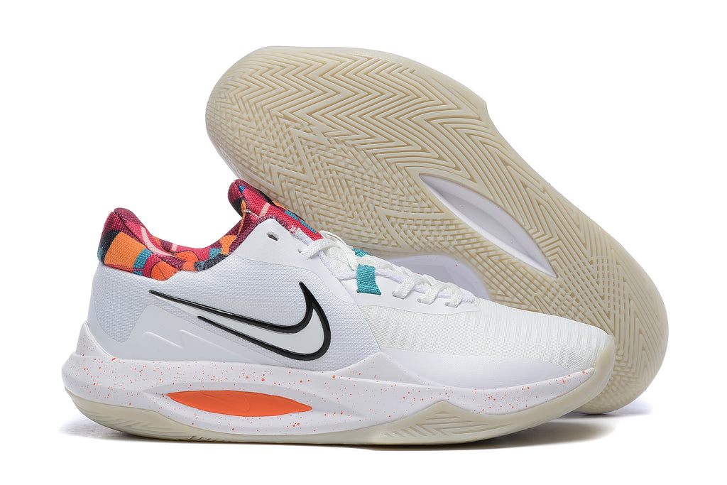 White basketball shoe with colorful patterned heel details and orange accents.