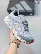 Light gray Adidas Climacool Ventage sneaker with white side stripes and red outsole accents.