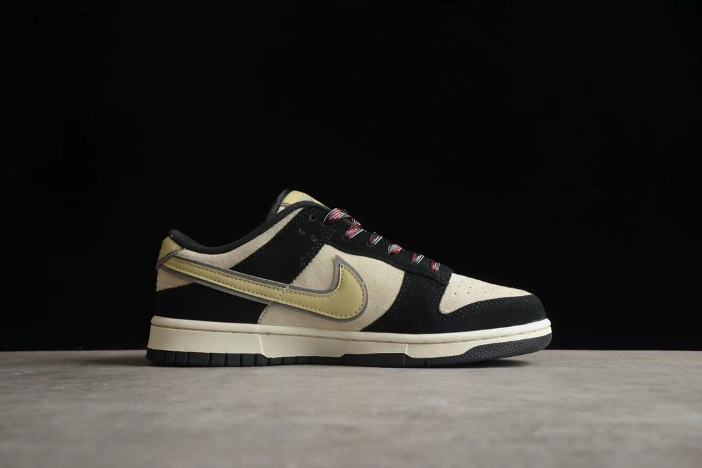 Side profile showing the beige and black upper, muted yellow Swoosh, cream midsole, and black outsole.