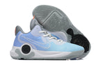 Blue and light blue Nike KD basketball shoe with gray and black patterned outsole.