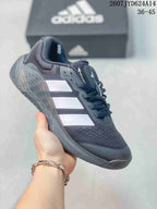 Black and dark gray adidas Dropset 4 training shoe with contrasting white side stripes.