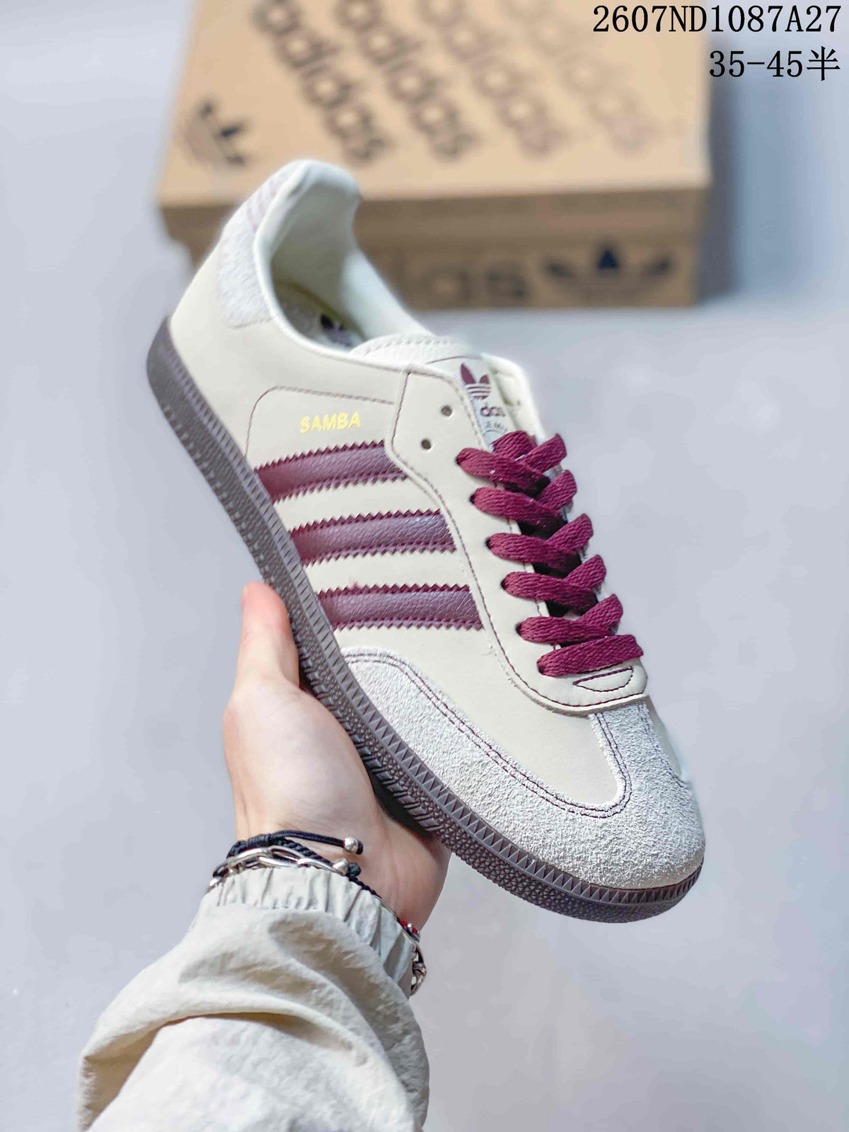Cream adidas Samba sneaker with burgundy stripes and burgundy laces.