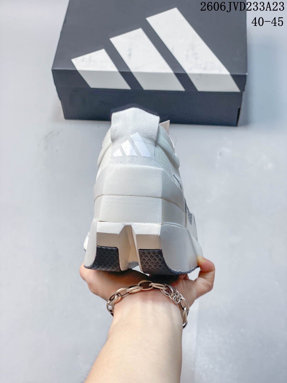 Rear view showing the heel and sculpted sole