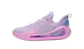 Side view of pink and purple lace-up sneakers with a patterned upper and sculpted sole.