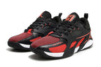 Pair of black and red Jordan Heir shoes, viewed from the front