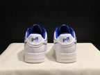 Rear view of the pair showing BAPE STA heel branding and blue padded collars.