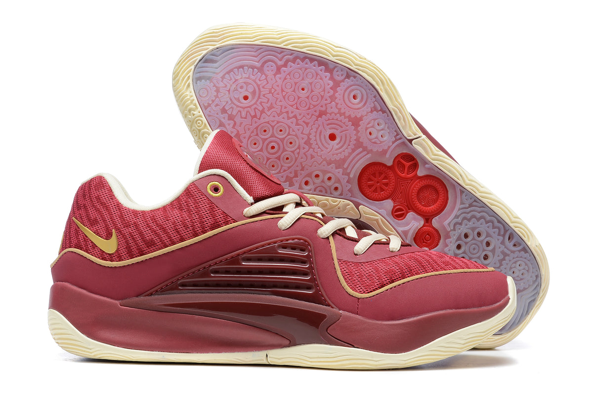 Burgundy Nike KD 16 shoes with cream and gold-colored details and a patterned outsole.