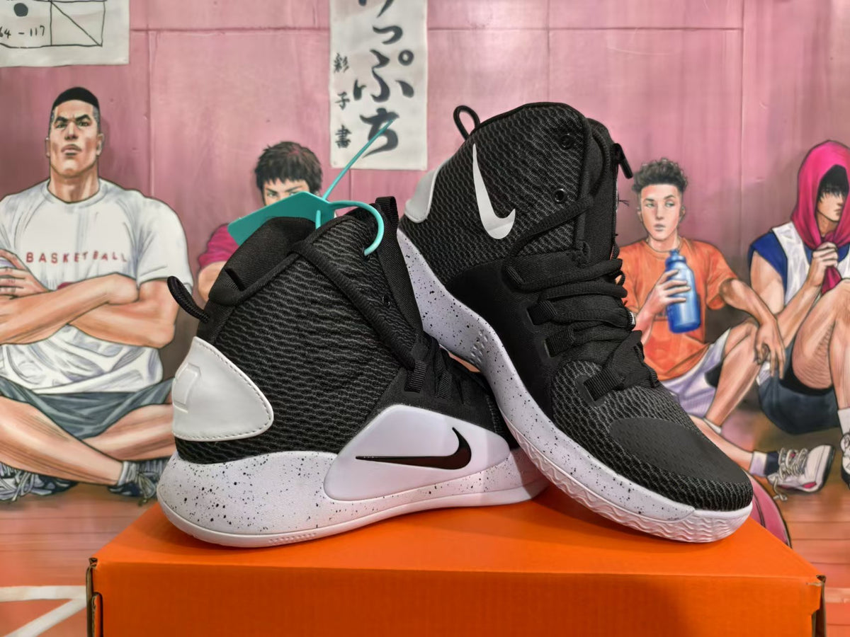 Pair of black and white Nike Hyperdunk basketball shoes shown from multiple angles