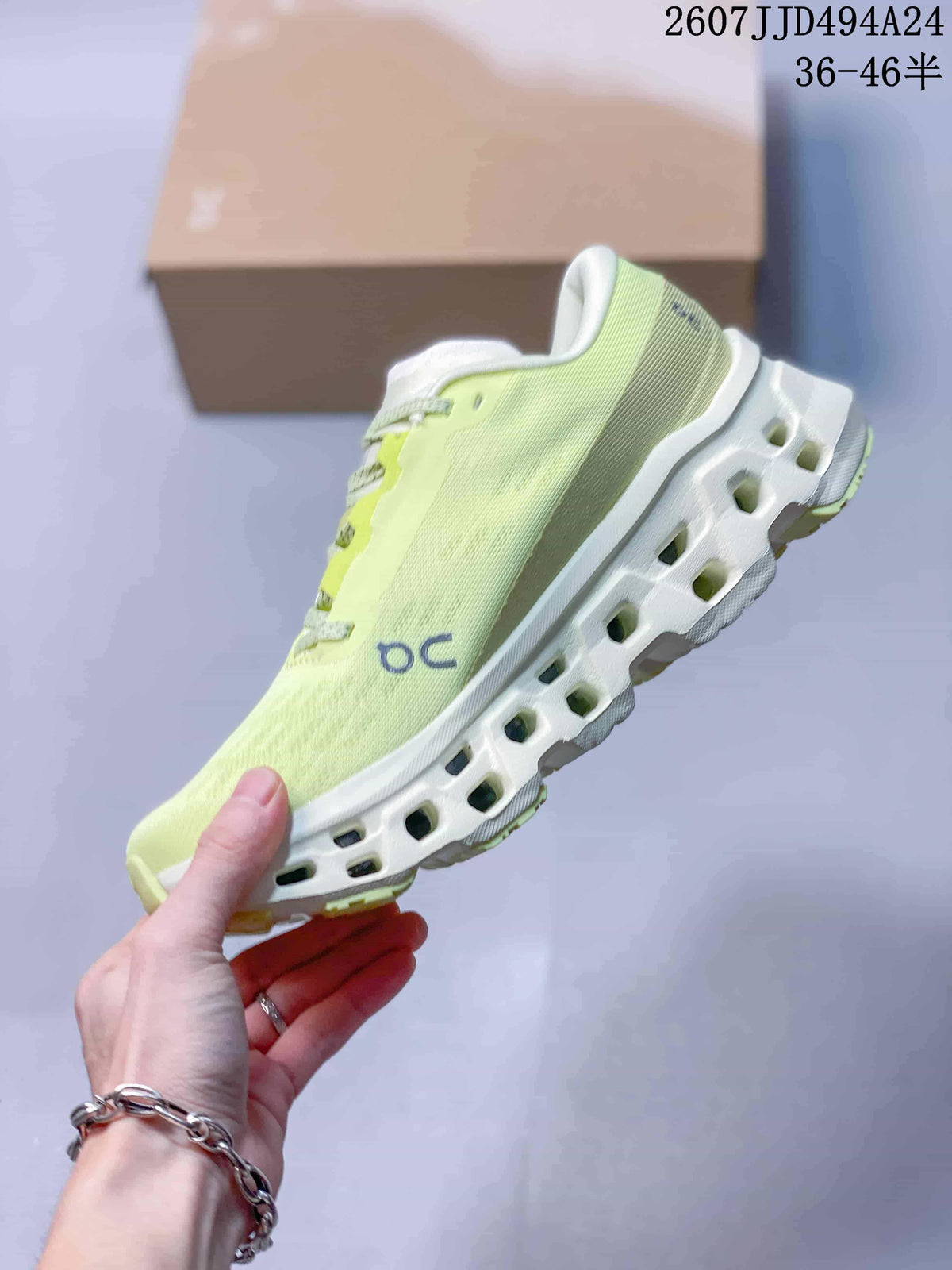 Side view of the sneaker showing On branding, a pale lime green upper, and the white open-section outsole.