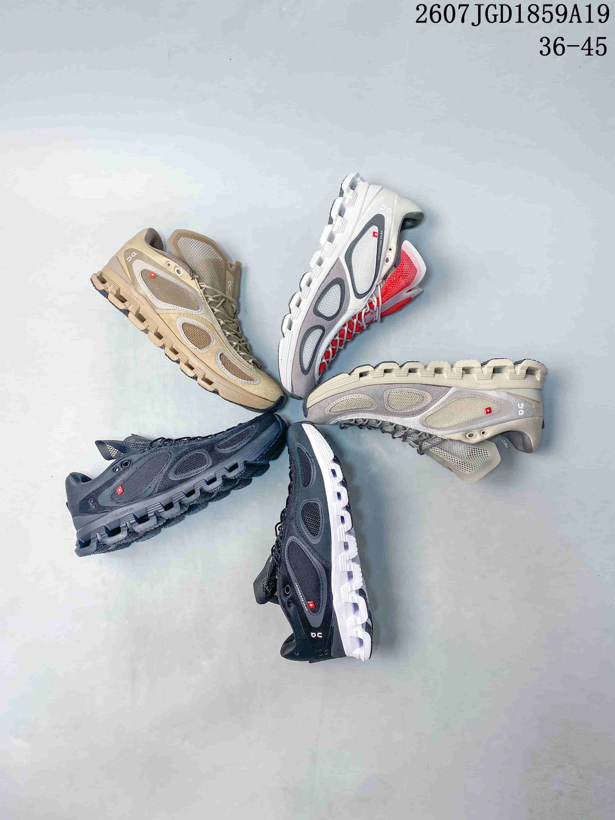 Several On sneakers arranged in beige, gray, white and red, and dark color combinations; style reference 2607JGD1859A19 and size range 36–45 are visible at the top.