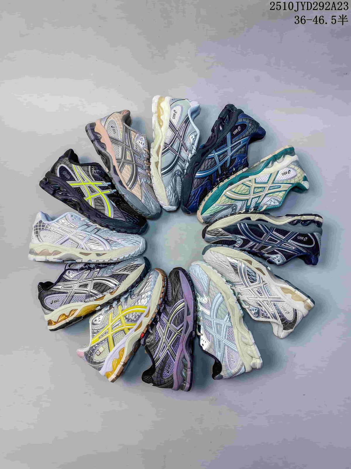 Several ASICS-style sneakers arranged in a circle in assorted colors; image text shows code 2510JYD292A23 and size range 36–46.5.