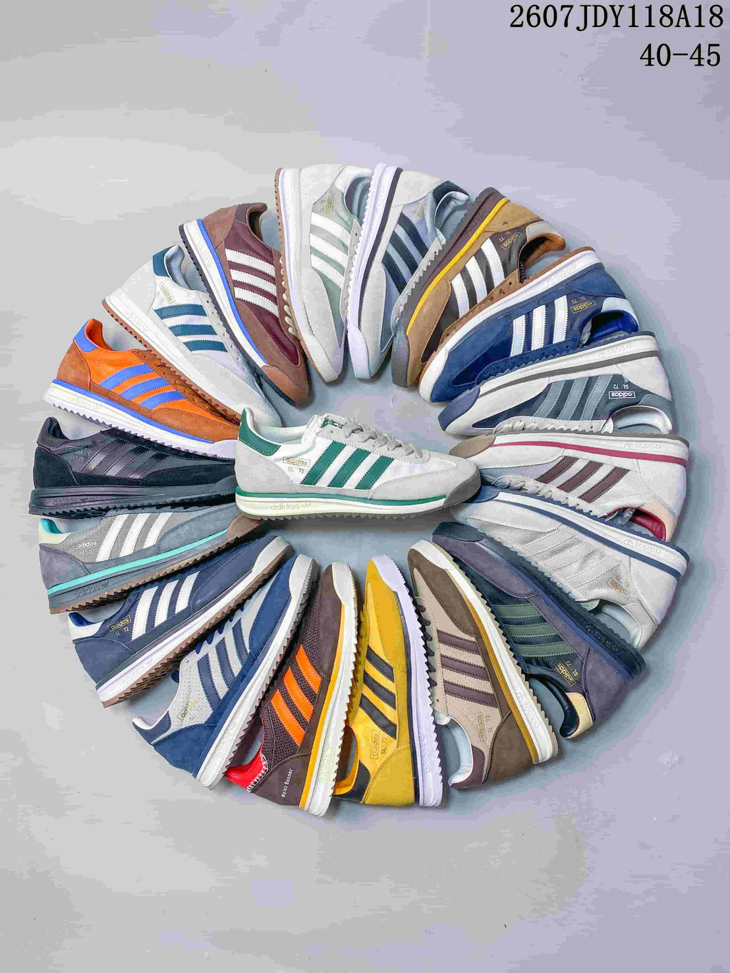 Group image showing the adidas SL 72 design in many color combinations.