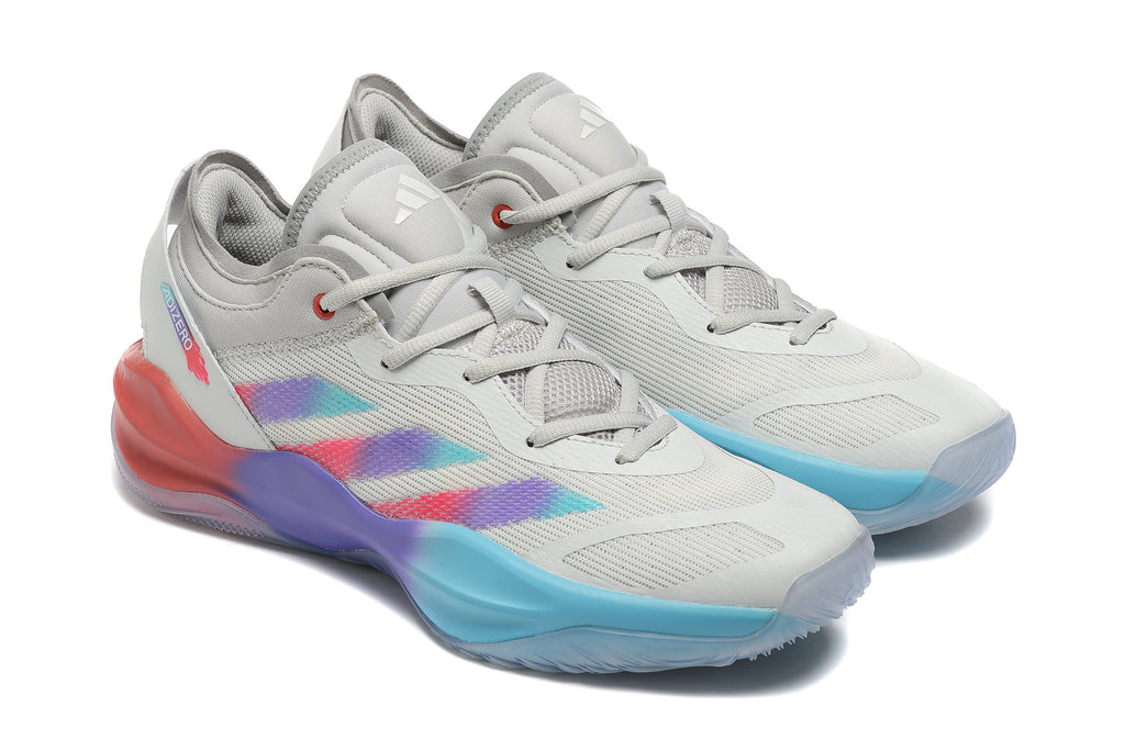 Pair of light gray Adidas Adizero shoes with multicolor accents, shown at an angle
