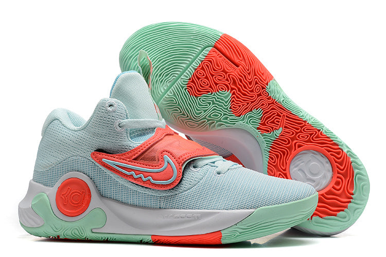 Light blue-green Nike KD basketball shoes with coral details and a multicolor outsole.