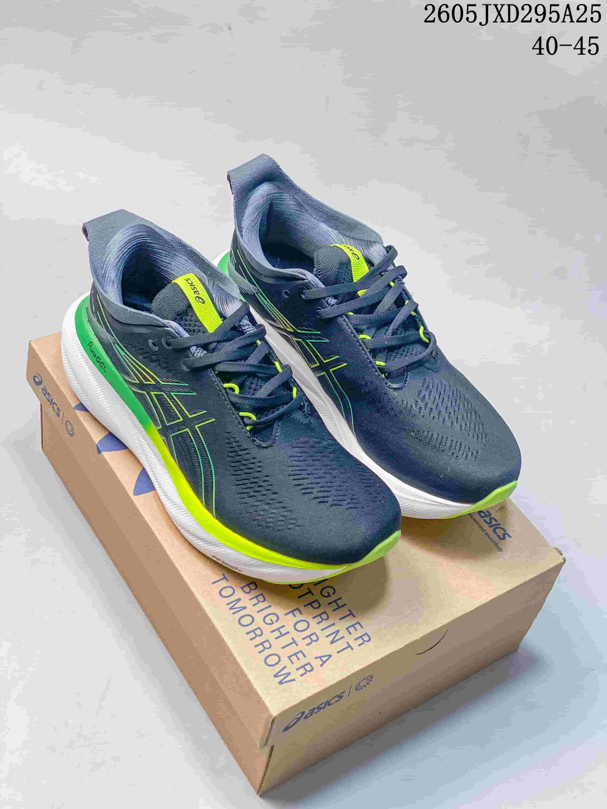 Pair of dark gray ASICS running shoes with lime green accents displayed on a shoebox