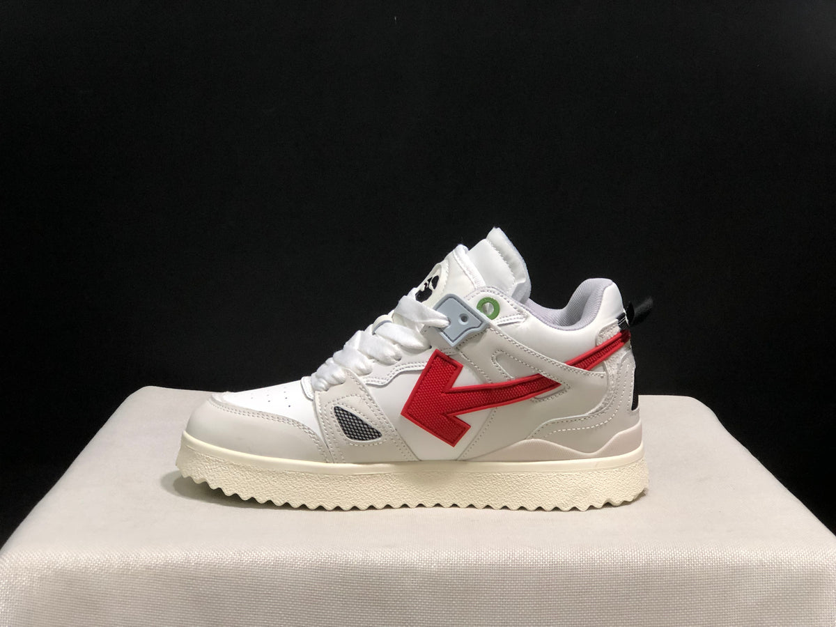 Full side profile showing the white upper, red arrow-shaped accent, and cream-colored outsole.