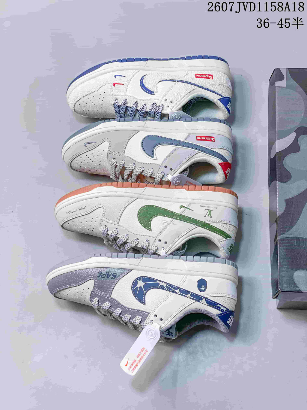 Four photographed sneaker color combinations arranged side by side, including gray, blue, green, and graphic-accented versions.