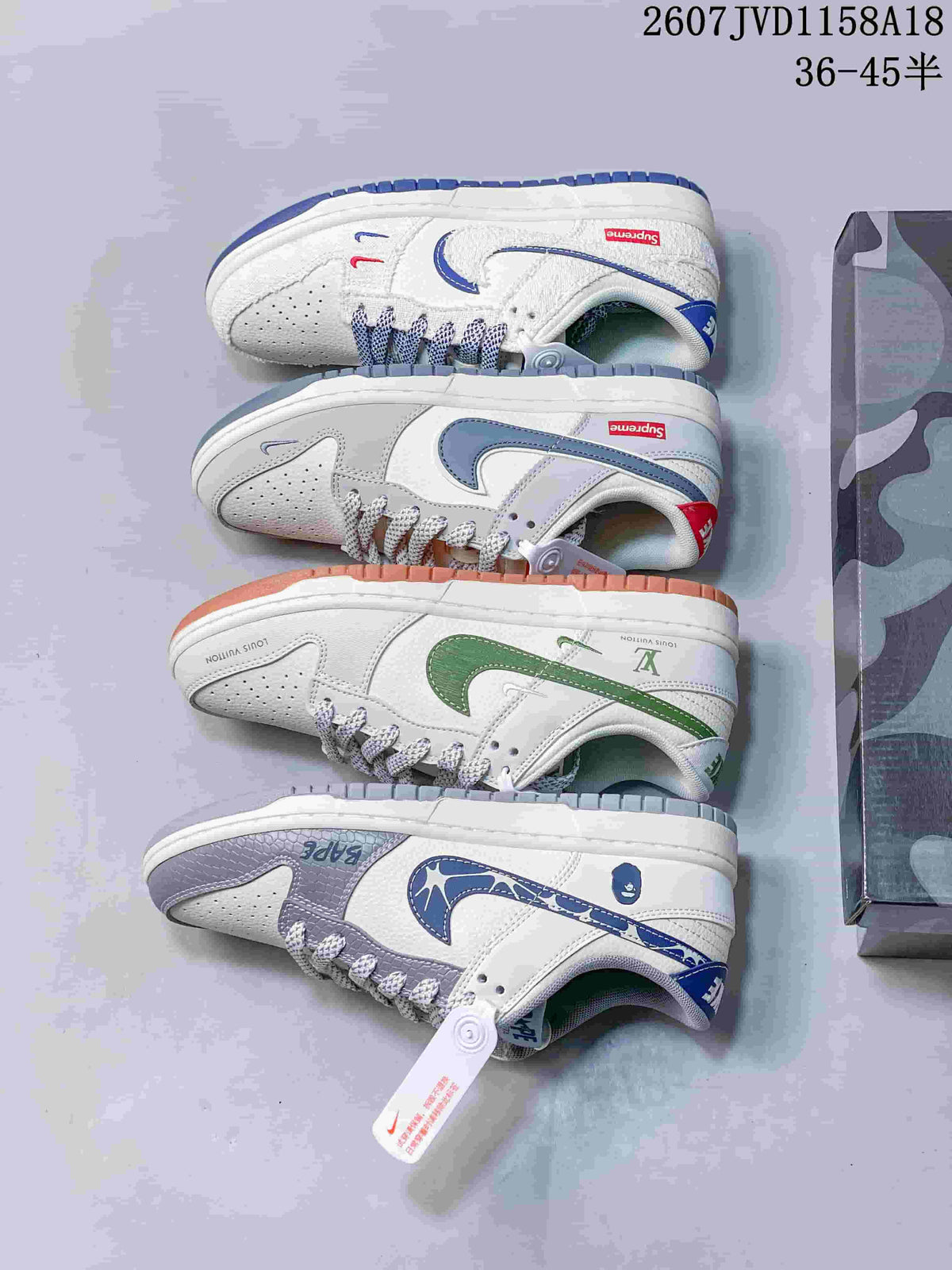 Four photographed sneaker color combinations arranged side by side, including gray, blue, green, and graphic-accented versions.