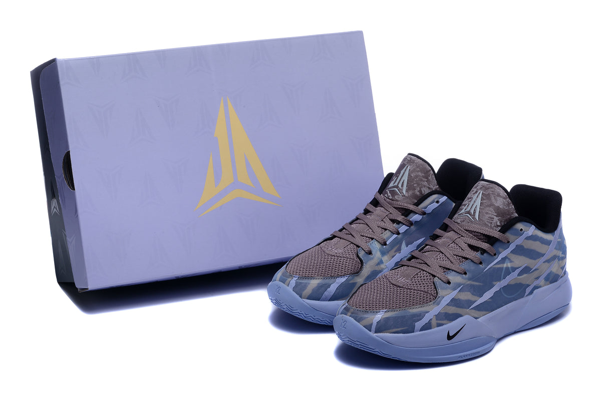 Pair of blue-gray patterned low-top basketball shoes beside a matching box
