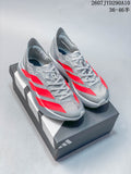 Pair of gray and red Adidas Adizero Adios Pro Evo 2 running shoes displayed on an Adidas shoebox.