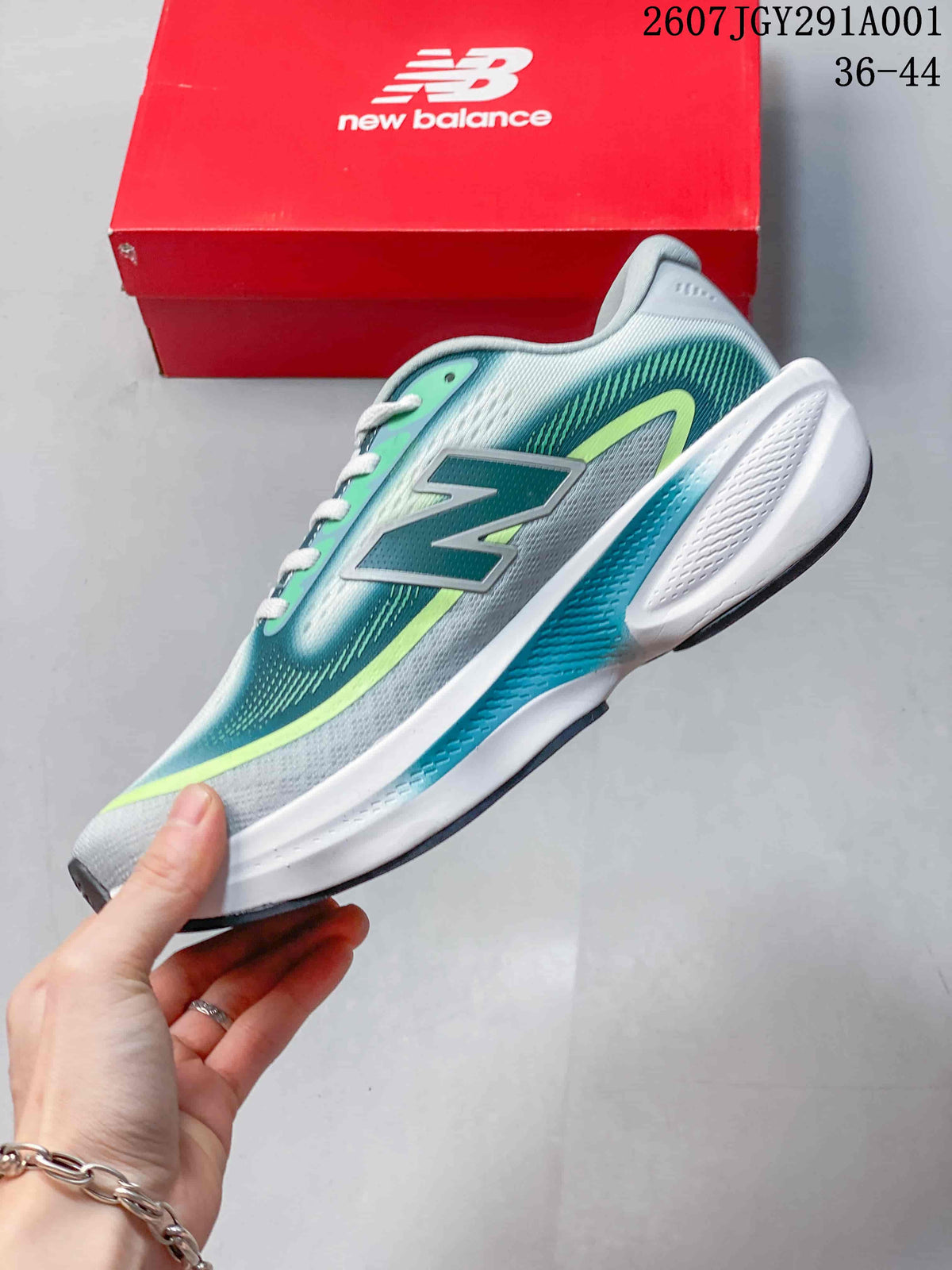 Side view of the gray, teal, and lime running shoe.