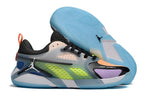 Side and outsole views of multicolor Jordan Heir shoes