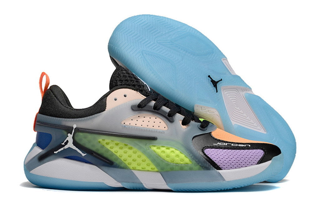 Side and outsole views of multicolor Jordan Heir shoes