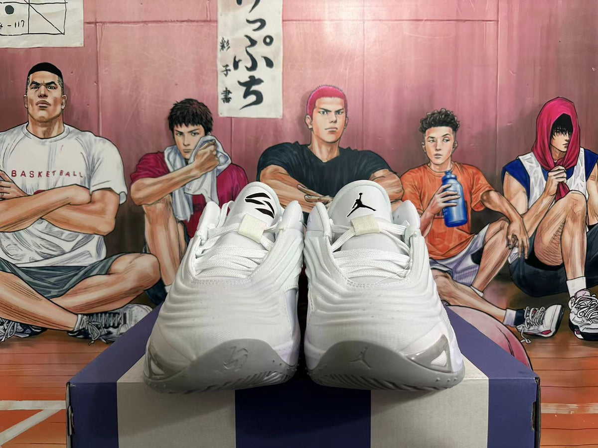 Front view of white basketball shoes with grey and black details