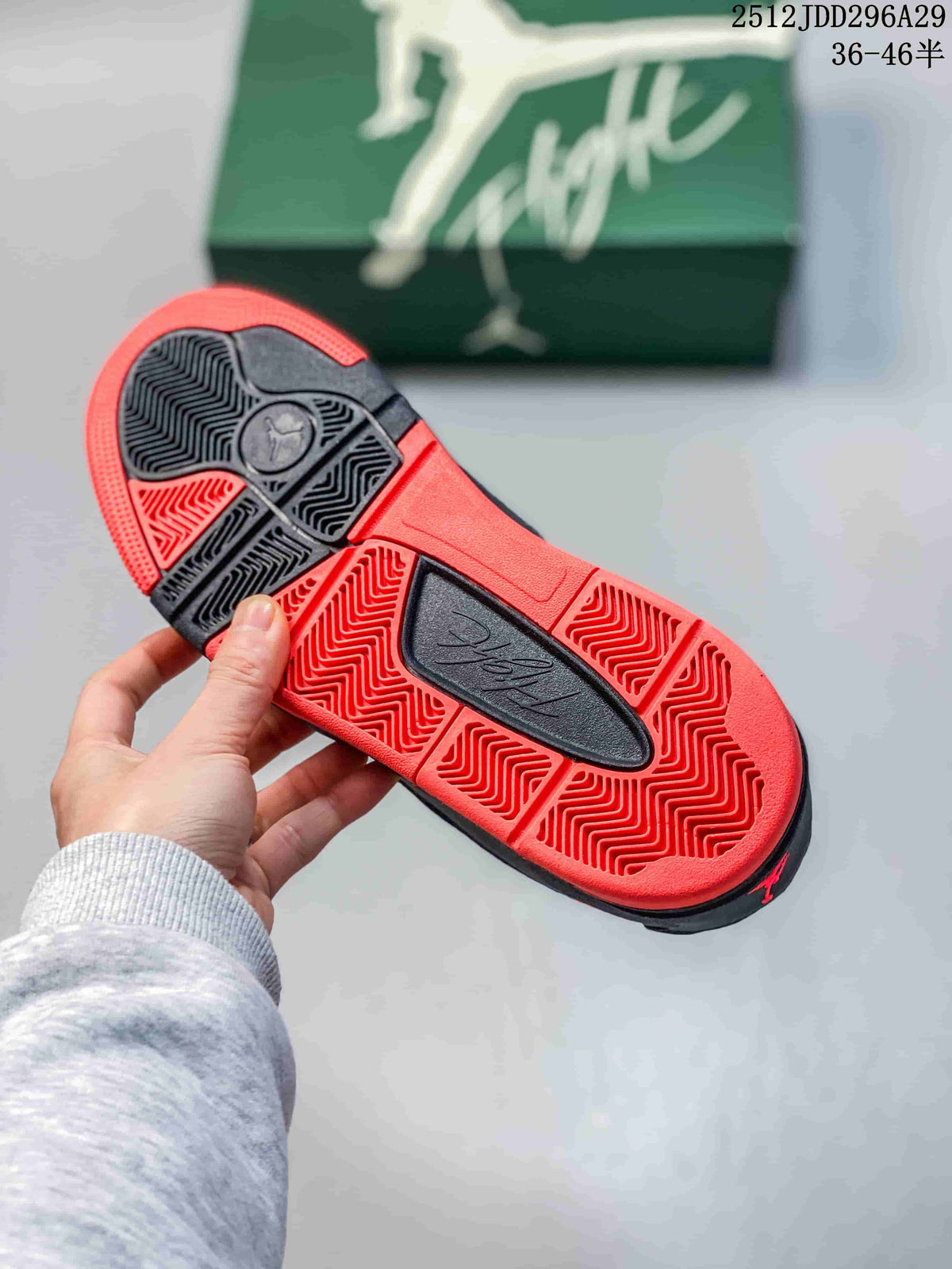 Outsole view showing the red-and-black patterned tread and central Jordan branding.