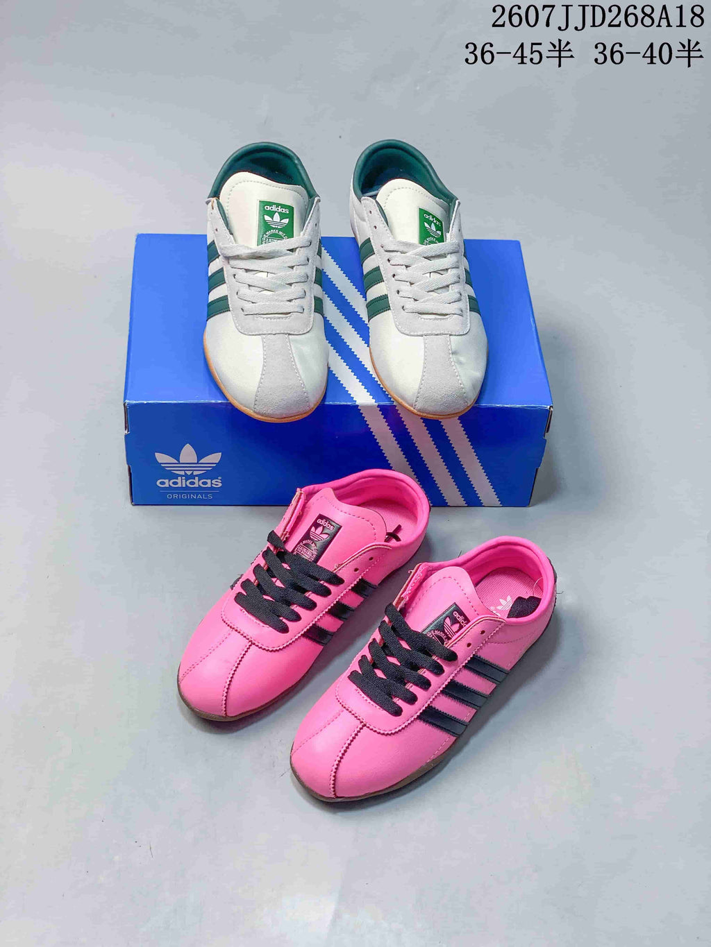 White and pink adidas Originals Tokyo sneakers shown together with a blue adidas shoe box; overlay text shows style 2607JJD268A18 and size ranges 36–45.5 and 36–40.5.
