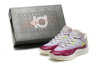 Nike KD basketball shoes beside a KD-branded box, showing the multicolor uppers