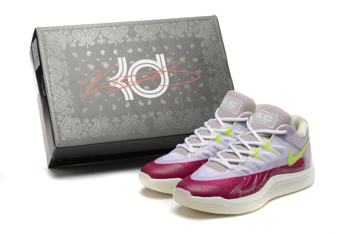 Nike KD basketball shoes beside a KD-branded box, showing the multicolor uppers