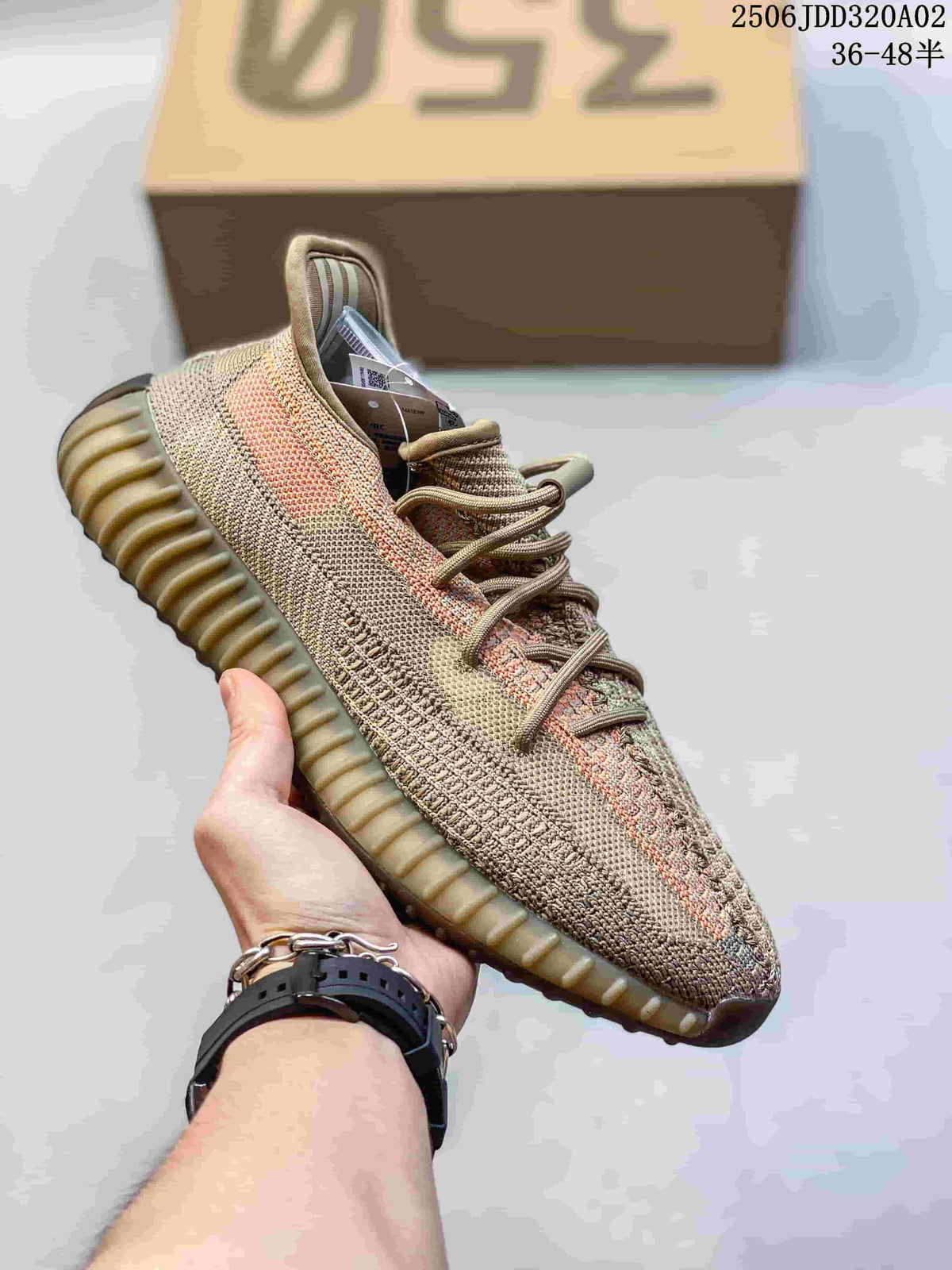 Beige and tan knit sneaker with a muted side stripe and gum-colored ribbed sole.