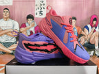 Angled view of pink and purple basketball sneakers showing the color-blocked uppers and sculpted soles