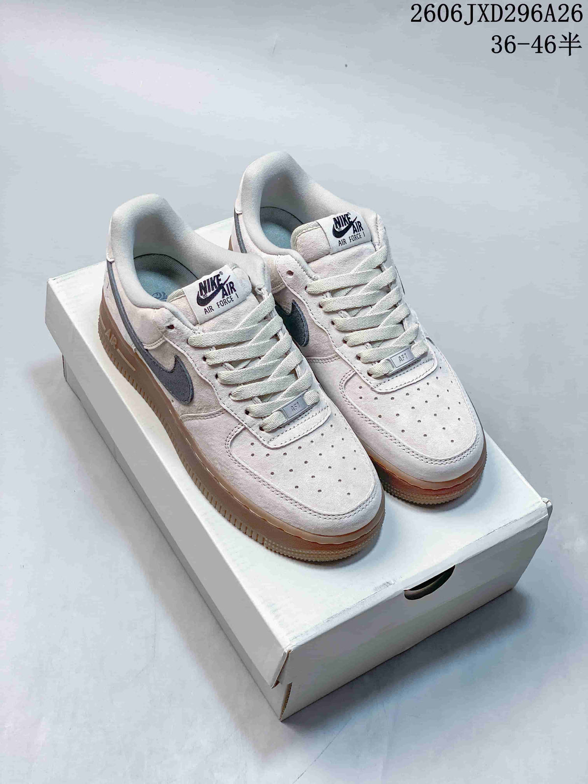 Four Nike Air Force 1 low-top color variations shown from the side.