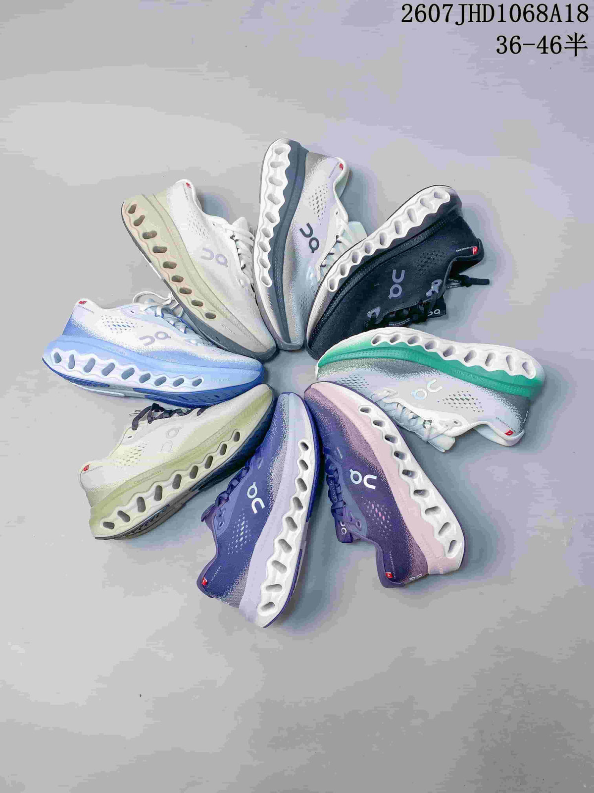 Flat lay showing the On Cloudsurfer 3 sneaker color options arranged in a circle.