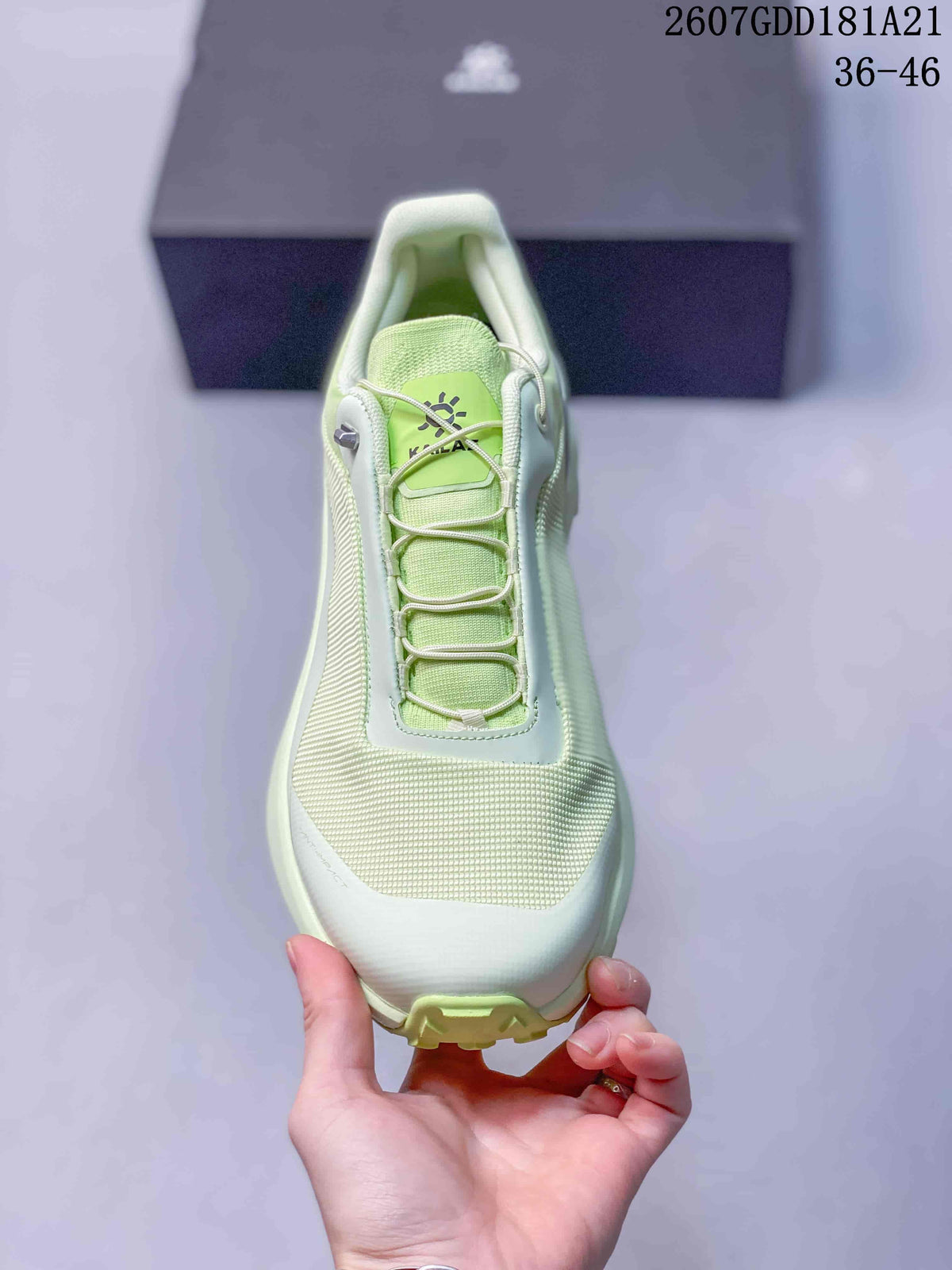 Top view showing the textured toe area, tongue, toggle-style lacing, and padded collar.